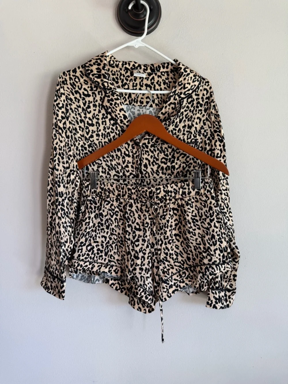 By Together Collection Leopard Print Pajama Set Tan Black Satin Long Sleeve M